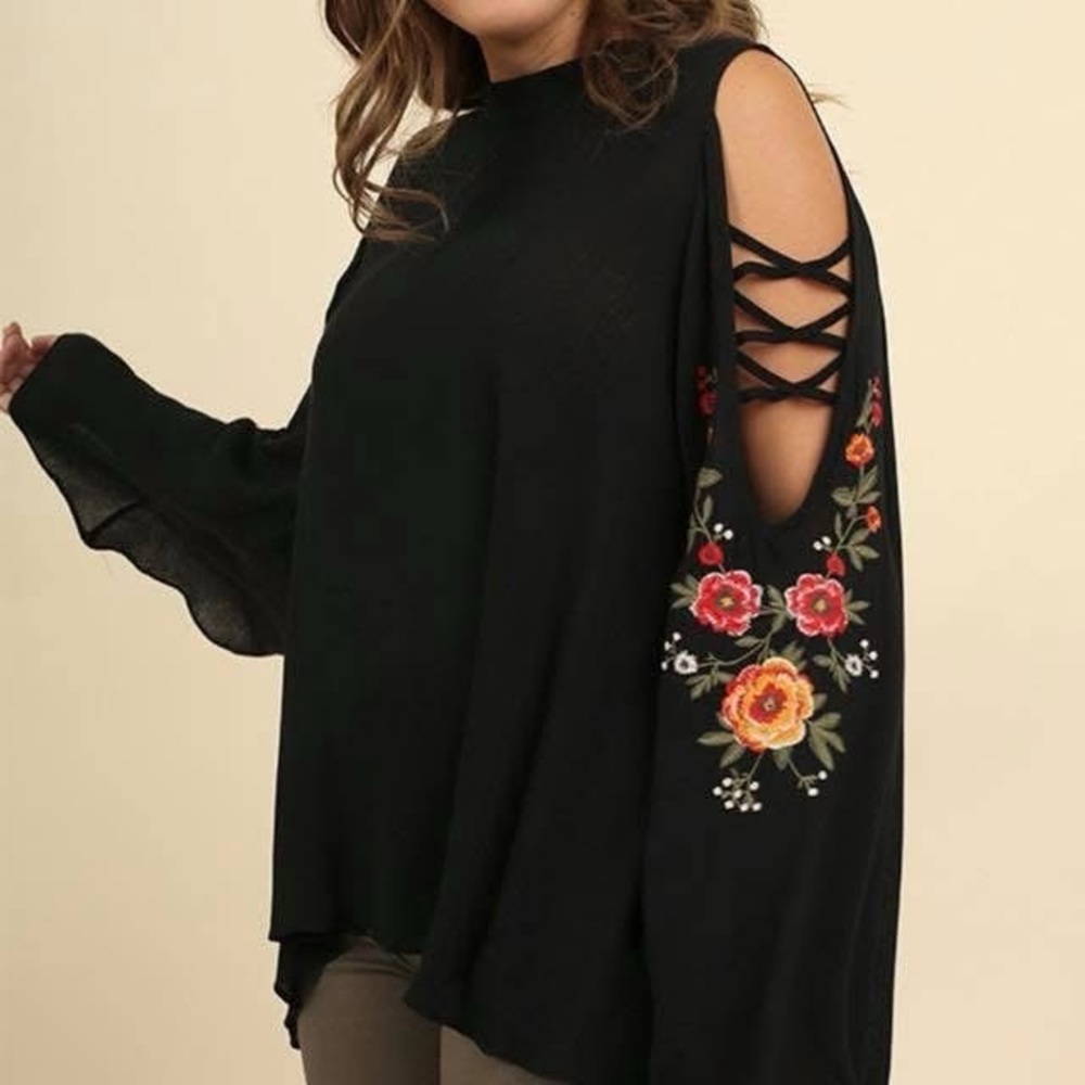 Floral Embroidered Black Women's Top